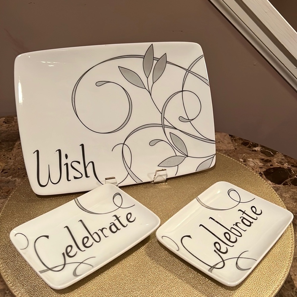 Everyday White Porcelain Serving Dishes, “Wish”, “Celebrate”, Set/3